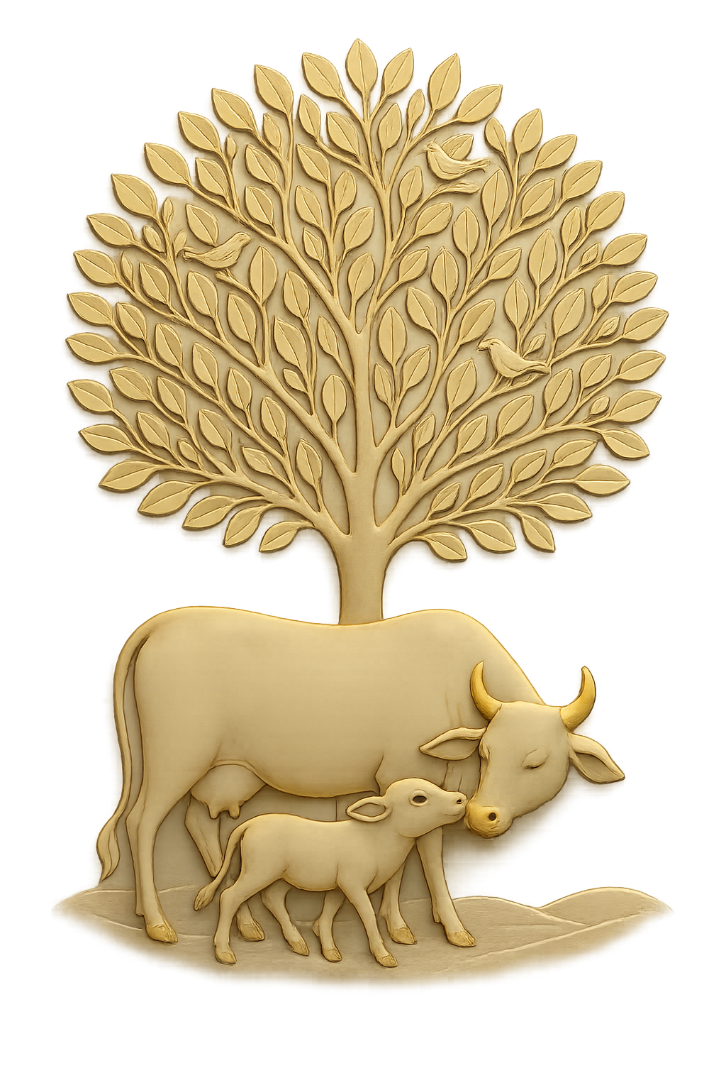 Gau Mata — Sacred Cow with Calf under Tree at Hotel Sai Nest Goshala, Shirdi